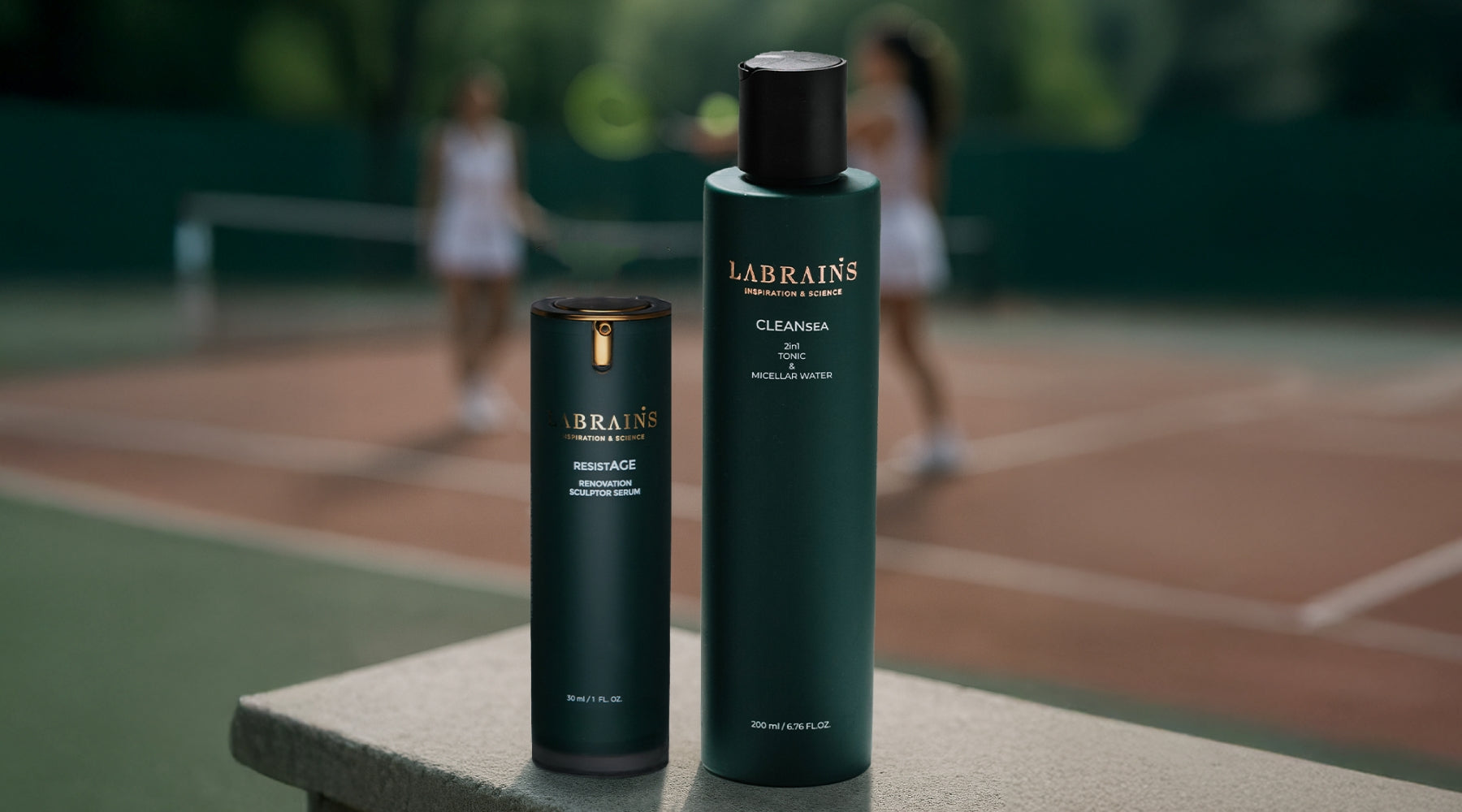 two labrains skincare products with blurred sports setting in the background for blog about skincare and sports