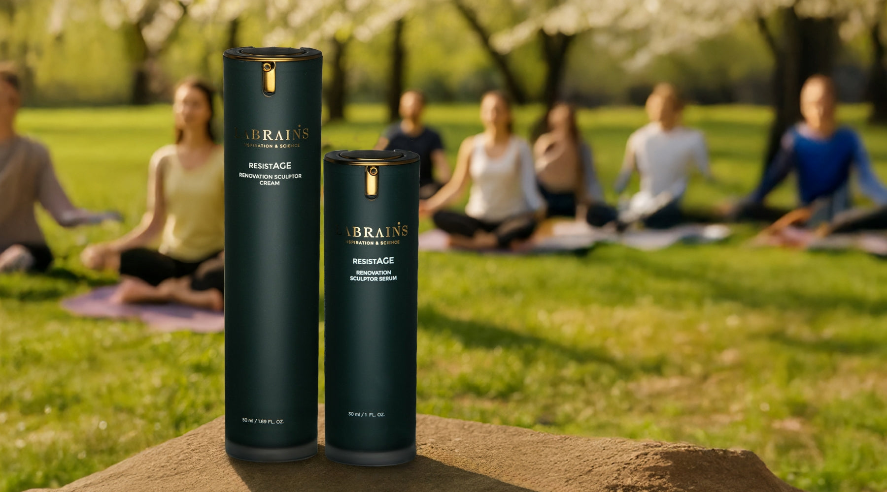 two labrains skincare products with blurred sports setting in the background for blog about skincare and sports