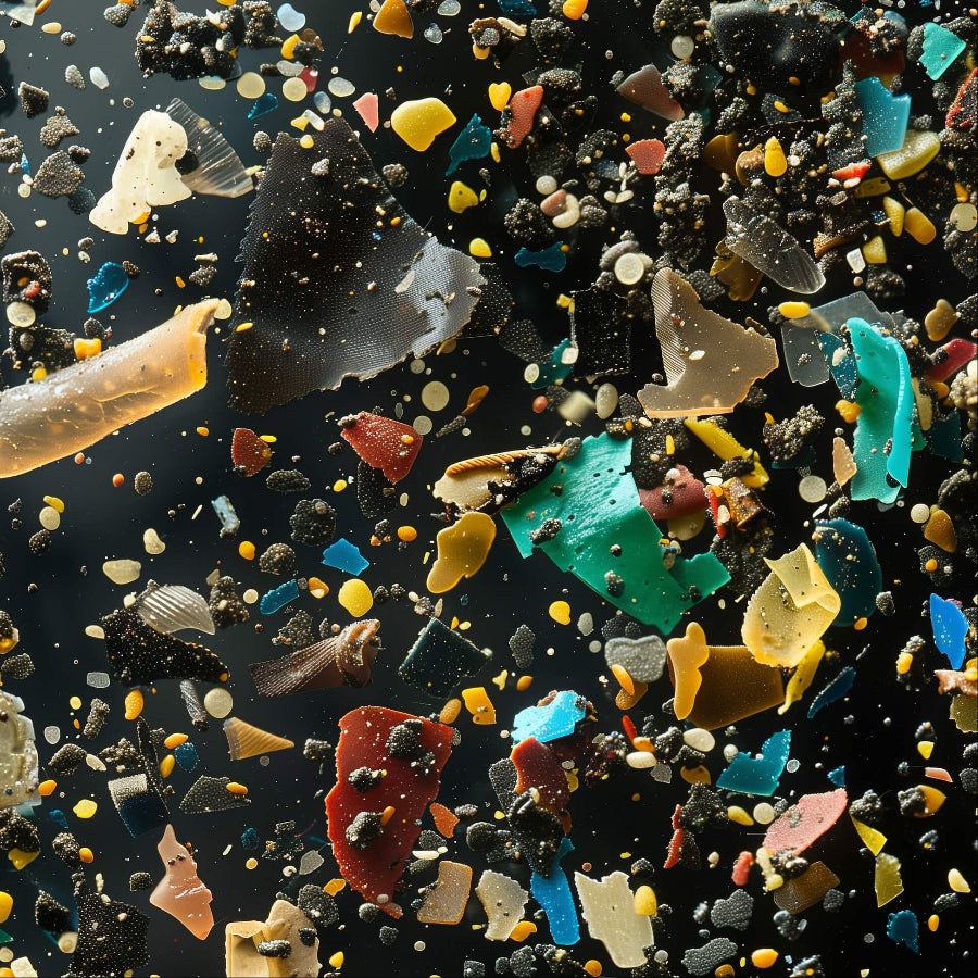 A close-up scattered view of mixed plastic and microplastic debris on a dark background, including fragments in teal, yellow, red, blue, black, white, and translucent tones.