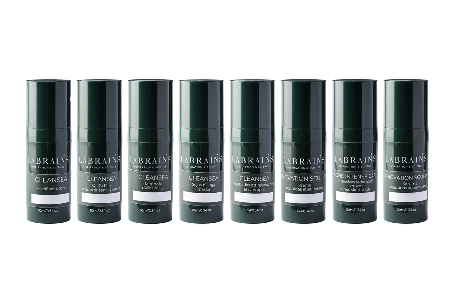 A set of eight travel size pump bottles of labrains skincare for the whole family on white background