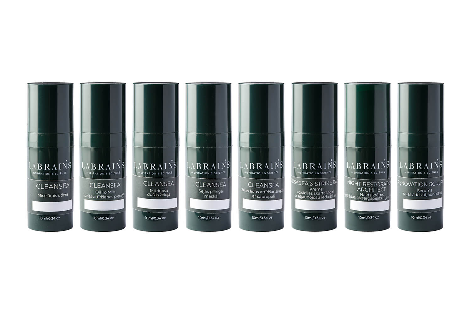 A set of eight travel size labrains skincare black pump bottles for normal skin on white background