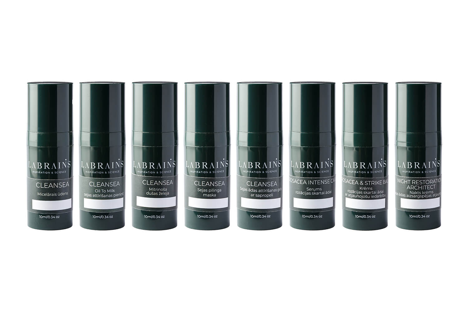 A set of travel size eight pump bottles labeled LABRAINS, containing skin care products for rosacea prone skin.