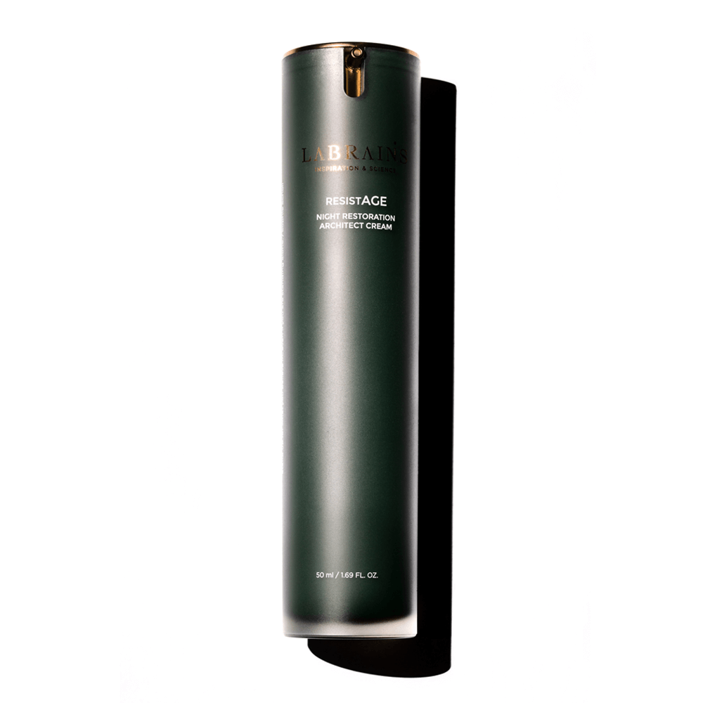 A cylindrical bottle of LABRANS night restoration architect cream on white background