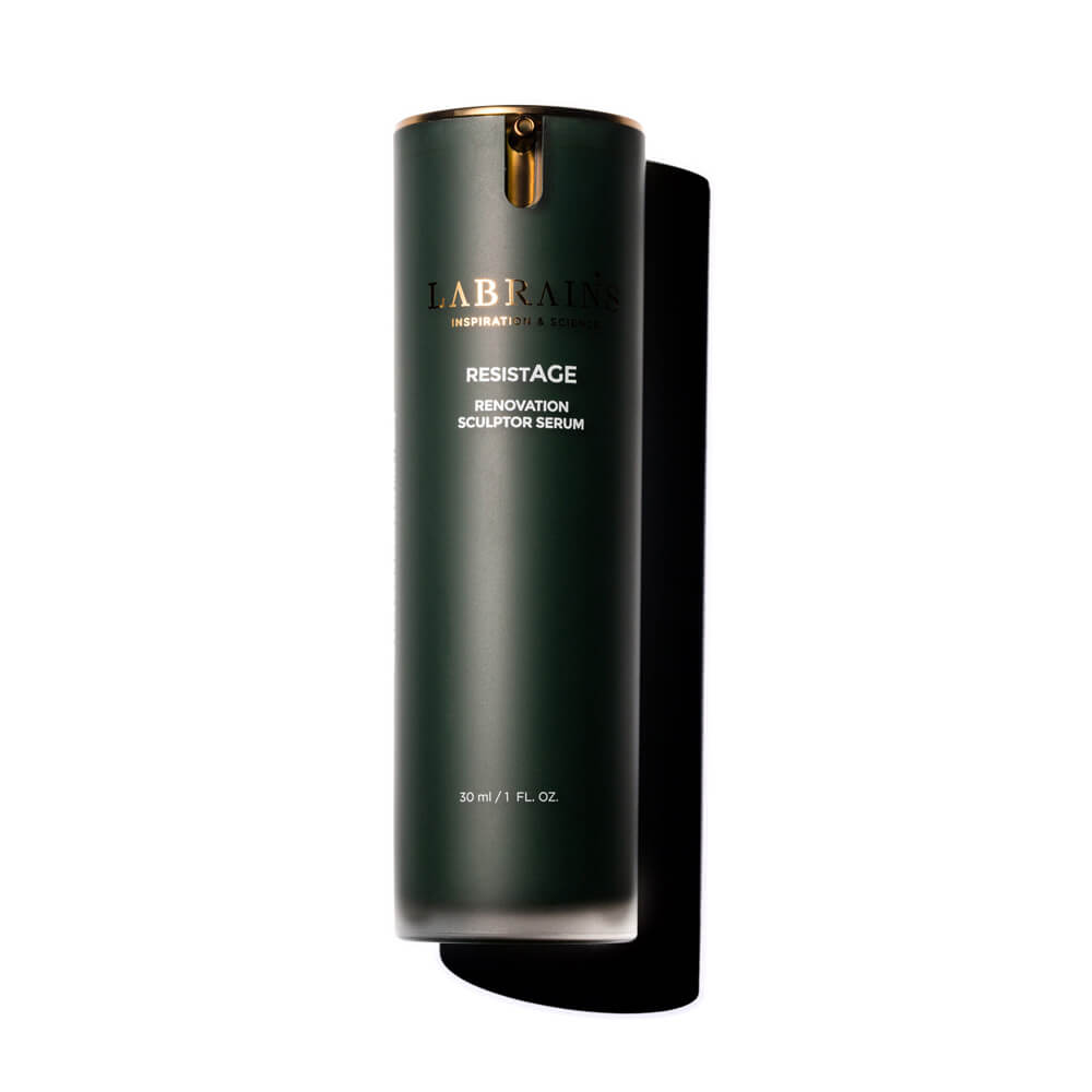 A bottle of RENOVATION SCULPTOR SERUM by labrains, designed for facial skin renewal on white background.