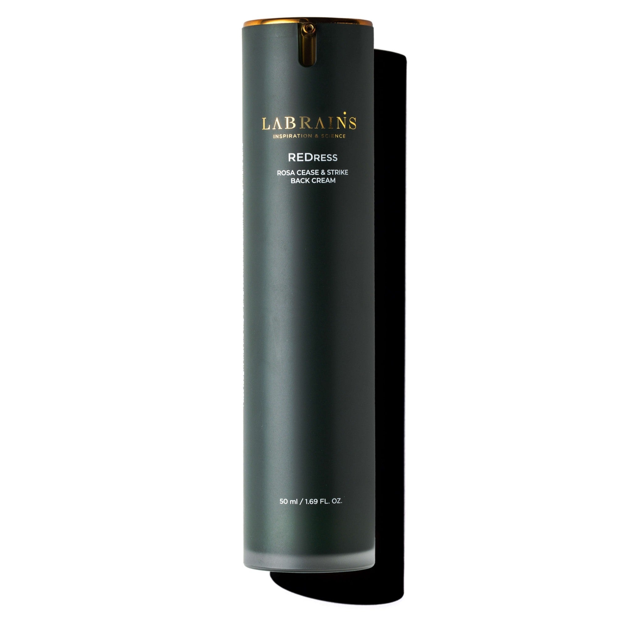 labrains skincare rosa cease & strike back bottle with gold cap on a white background