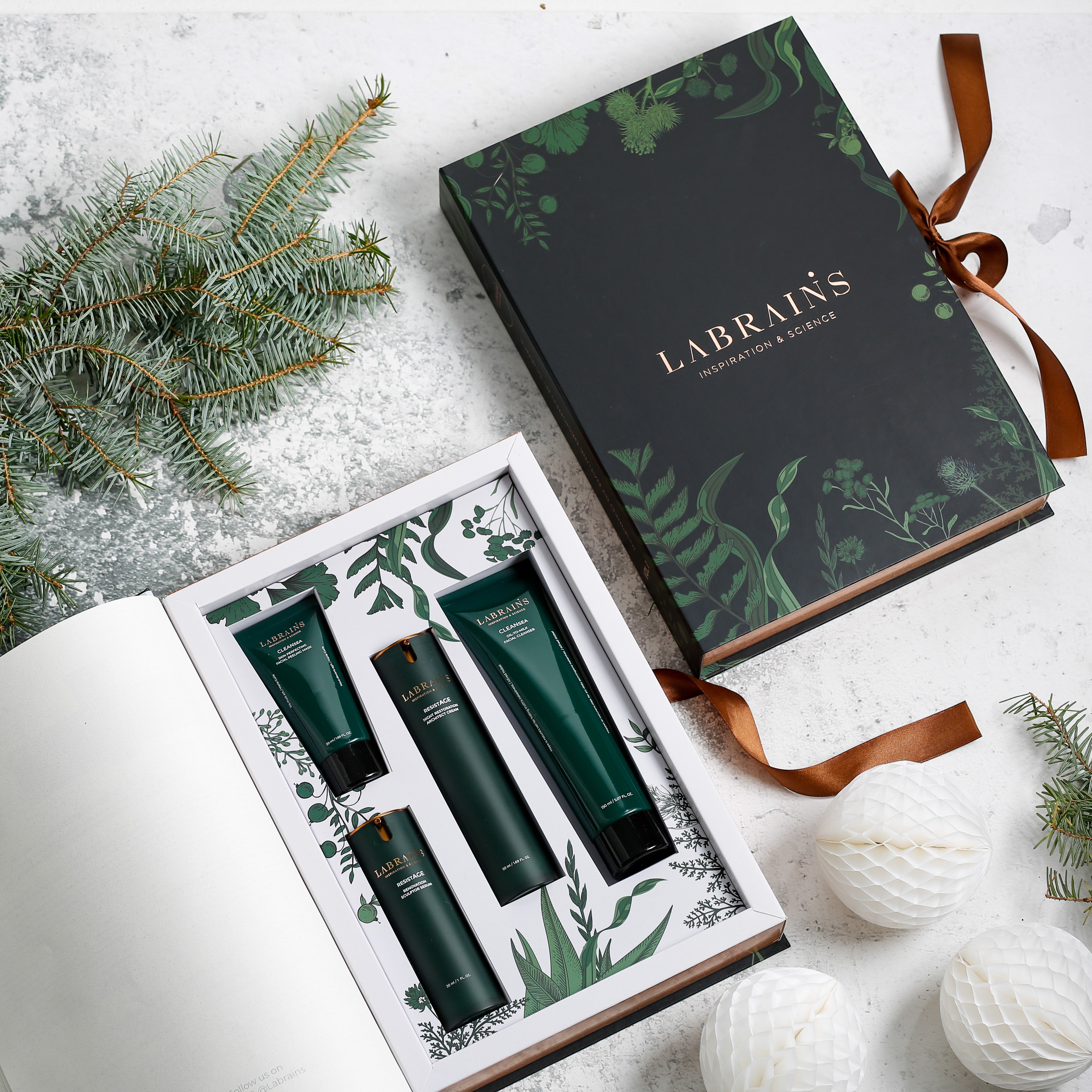 labrains luxury skincare gift set 'the book' in winter festive setting