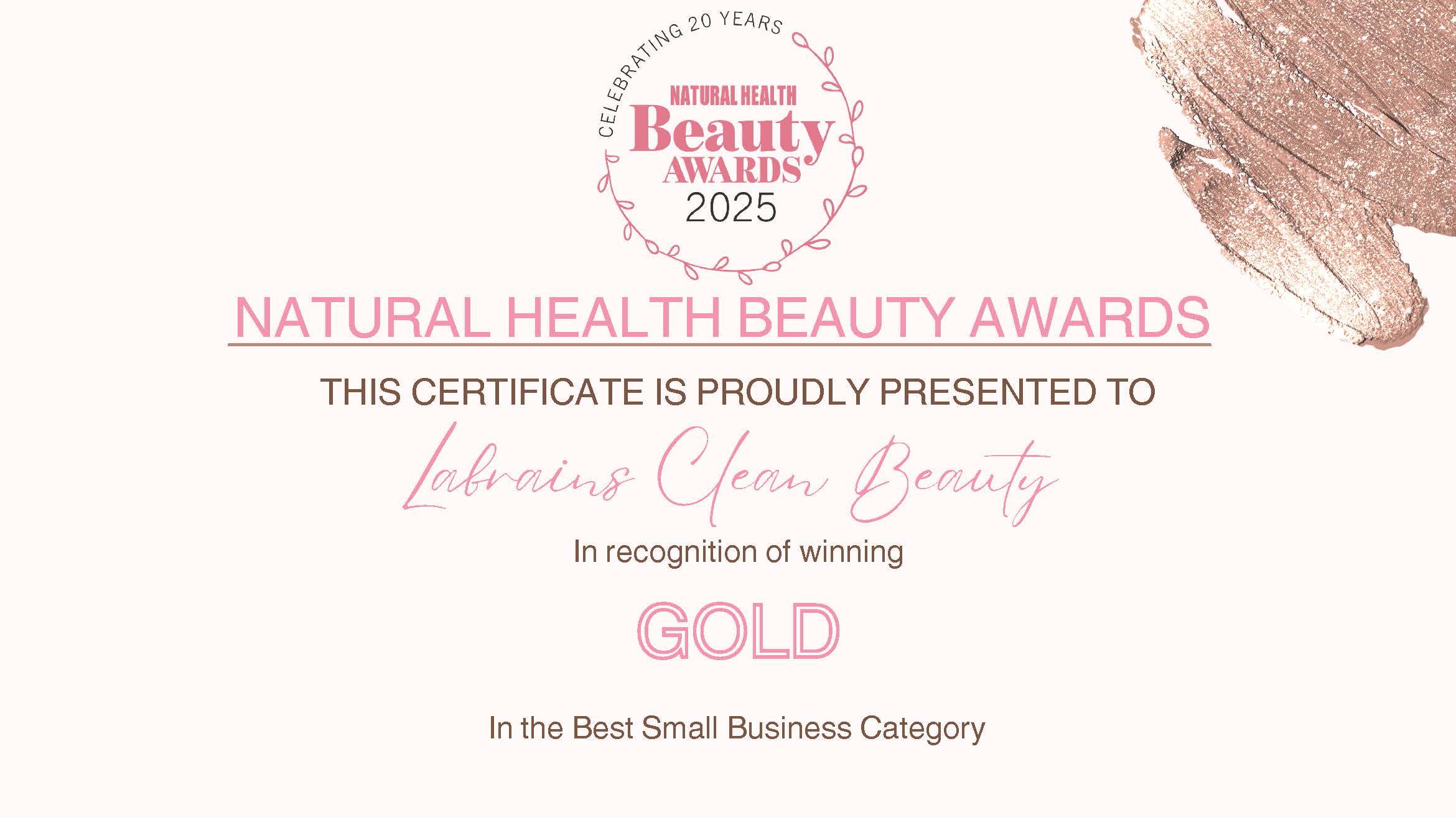 Natural Health Beauty Awards certificate for 'LABRAINS Clean Beauty' winning Gold in Best Small Business Category.