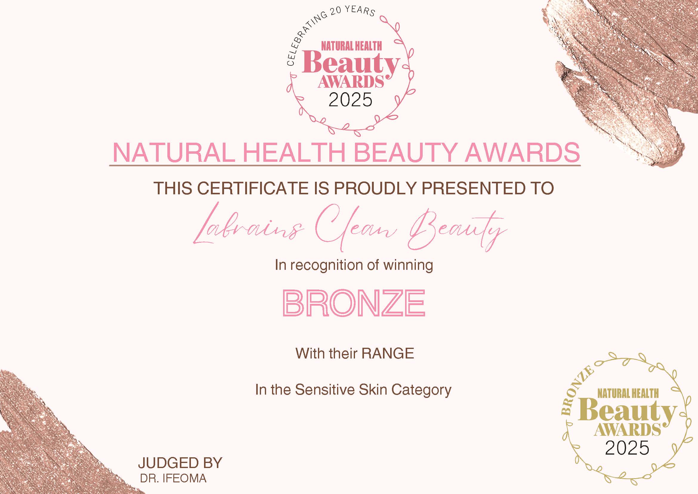 Certificate from the Natural Health Beauty Awards 2025 to LABRAINS CLEAN BEAUTY for Bronze recognition in the Sensitive Skin Category.