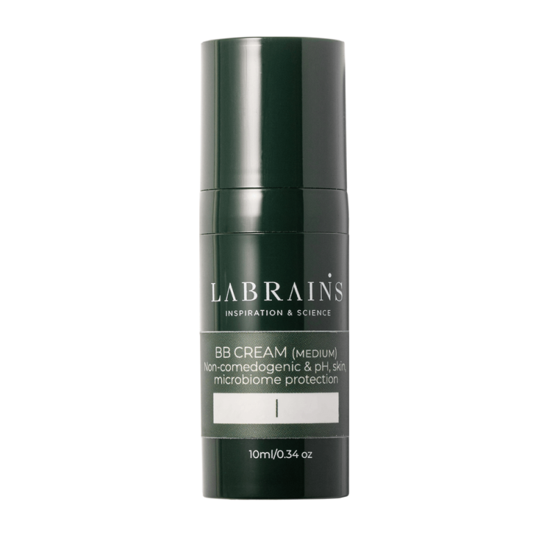 A travel size pump bottle of LABRAINS BB cream with medium coverage and olive undertone, containing 10 ml of product.