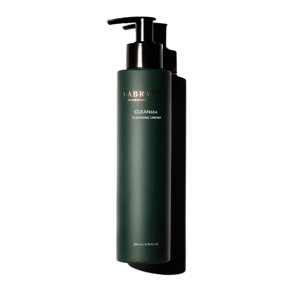 A pump bottle of labrains CLEANSING CREAM on white background