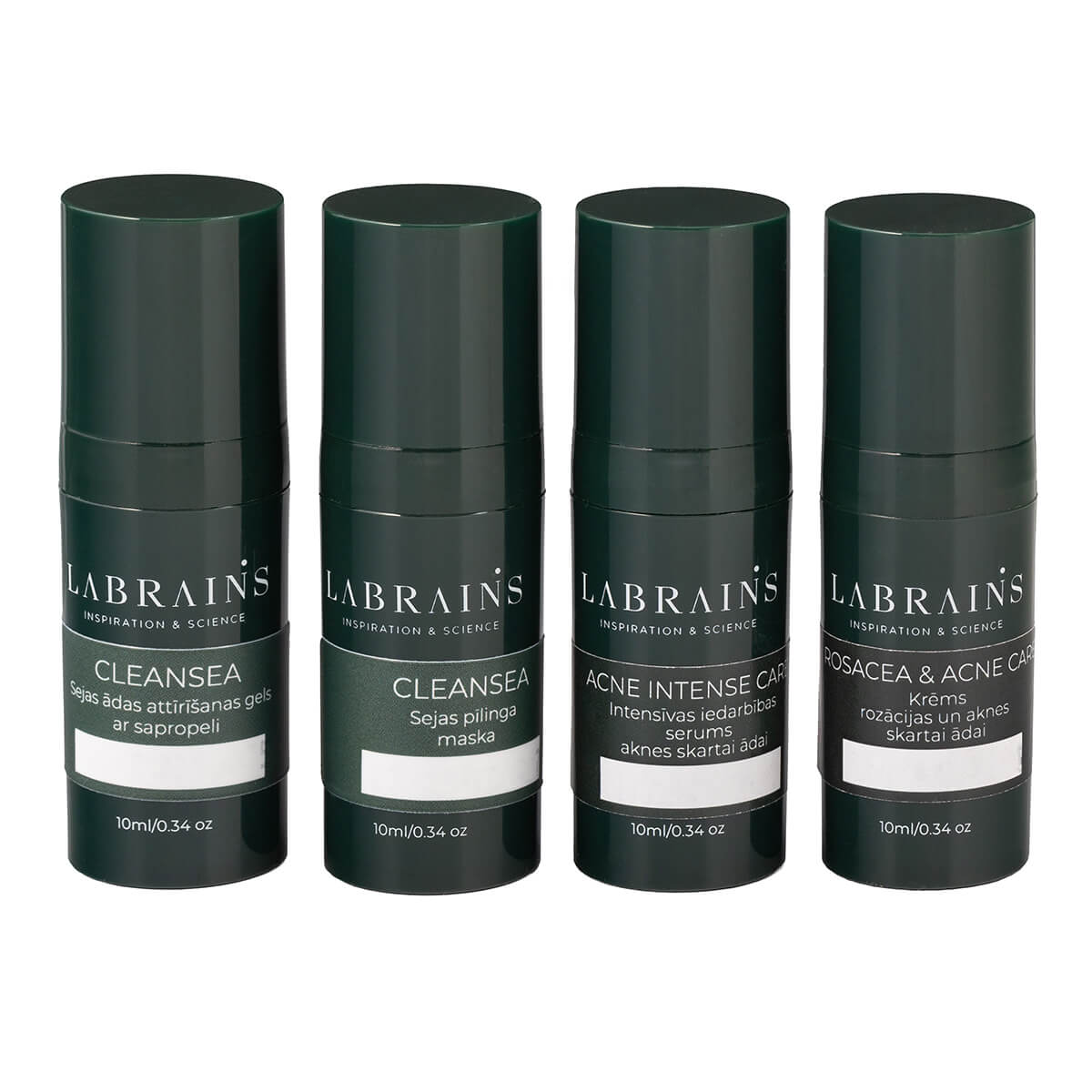 A set of four LABRAINS skincare products for acne-prone skin, including a cleansing gel, peeling mask, pore perfect serum, and cream, each in a 10 ml bottle.