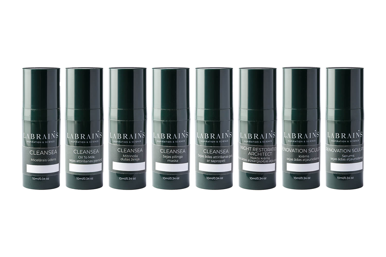 A set of travel size eight pump bottles labeled LABRAINS, containing skin care products for rosacea and acne-affected skin.