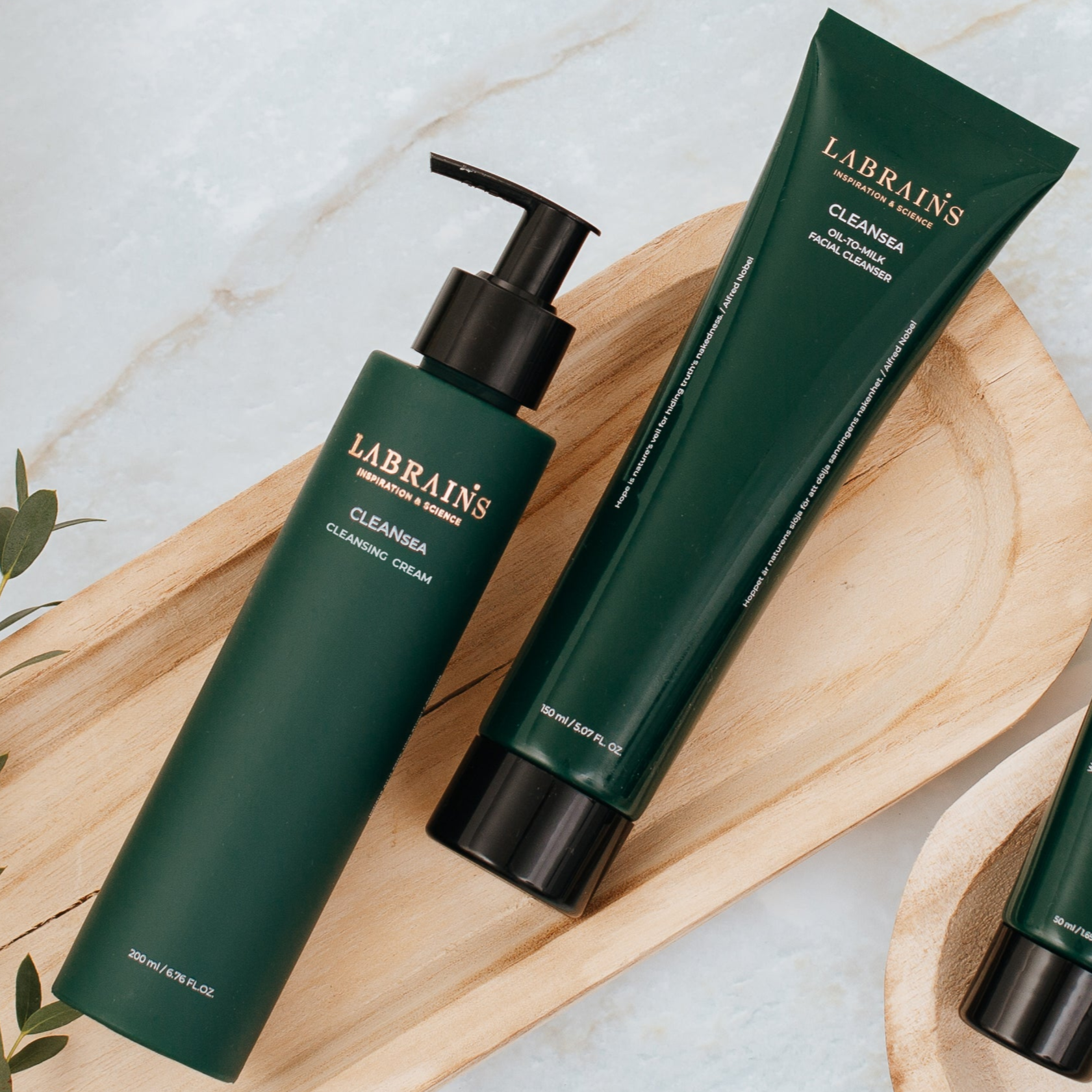 LABRAINS products, Cleansing Cream and Oil-to-Milk cleanser on wooden tray