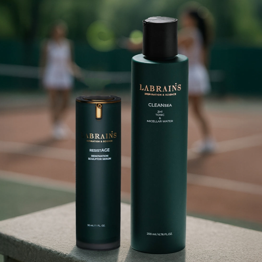 Two labrains skincare products with two women playing tennis in the background