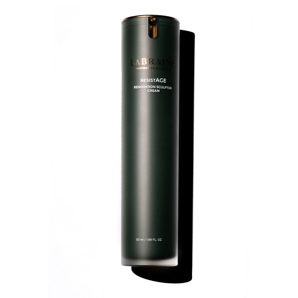 A cylindrical bottle of RENOVATION SCULPTOR CREAM by LABRAINS, designed for strengthening and rejuvenating facial skin on white background