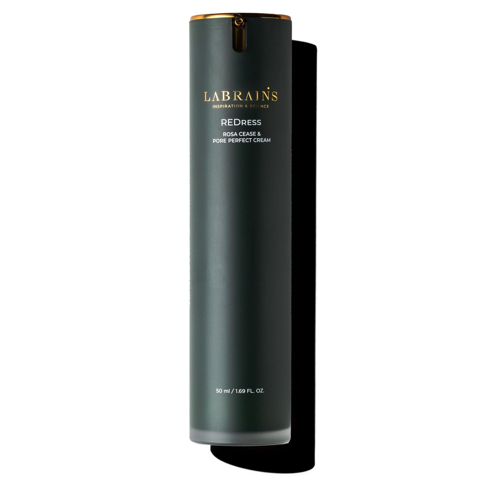 Dark green labrains skincare rosa cease & pore perfect cream bottle with gold cap on a white background