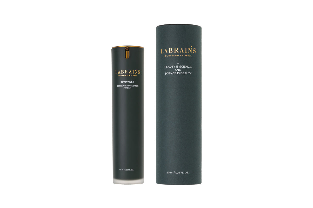 labrains sculptor cream next to a green cylinder gift box packaging on white background