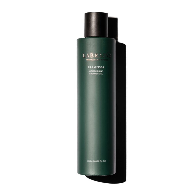 A green bottle of labrains moisturizing shower gel on white background.