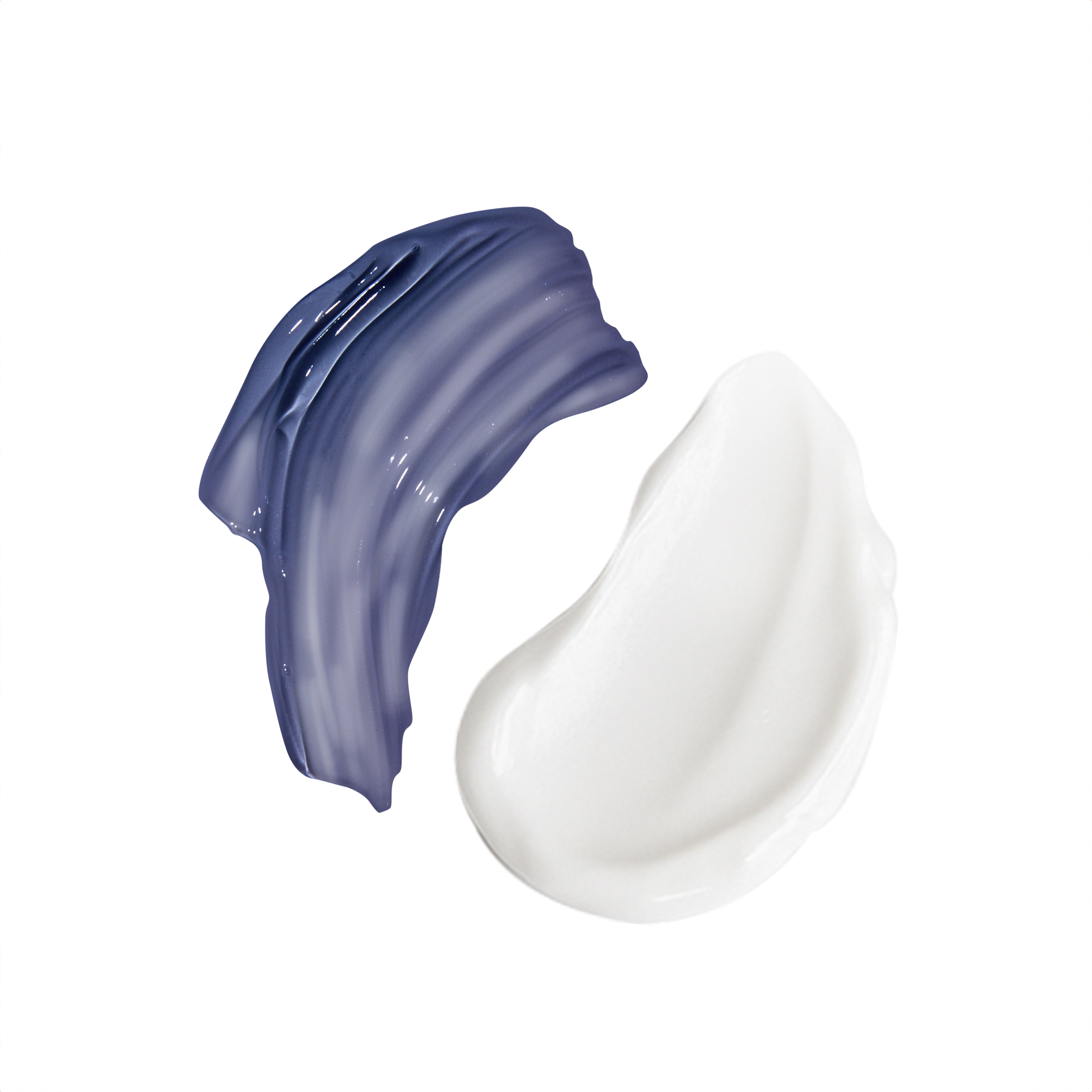 Two drops of blue gel and white cream on a white background